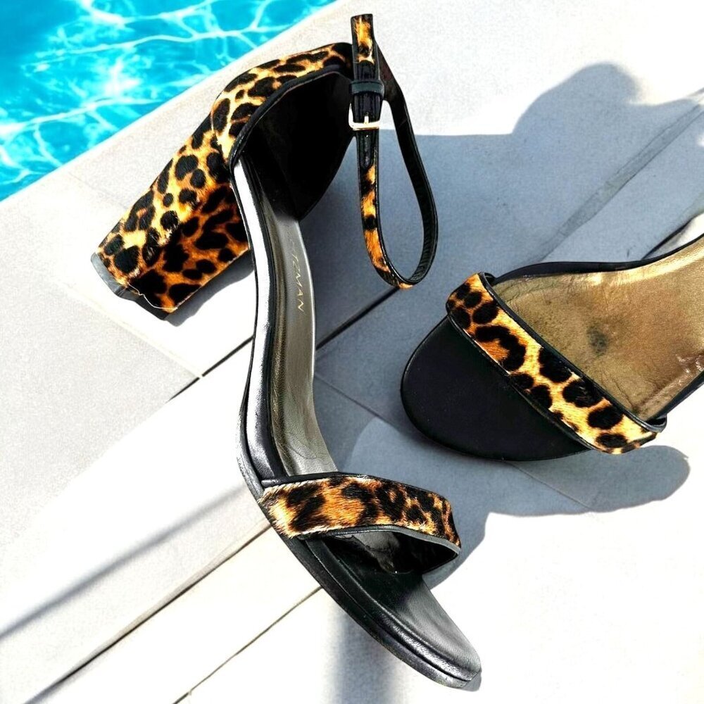 Stuart Weitzman Leopard Calf Hair Ankle Strap Chunky Heel Sandals Size 9.5 M